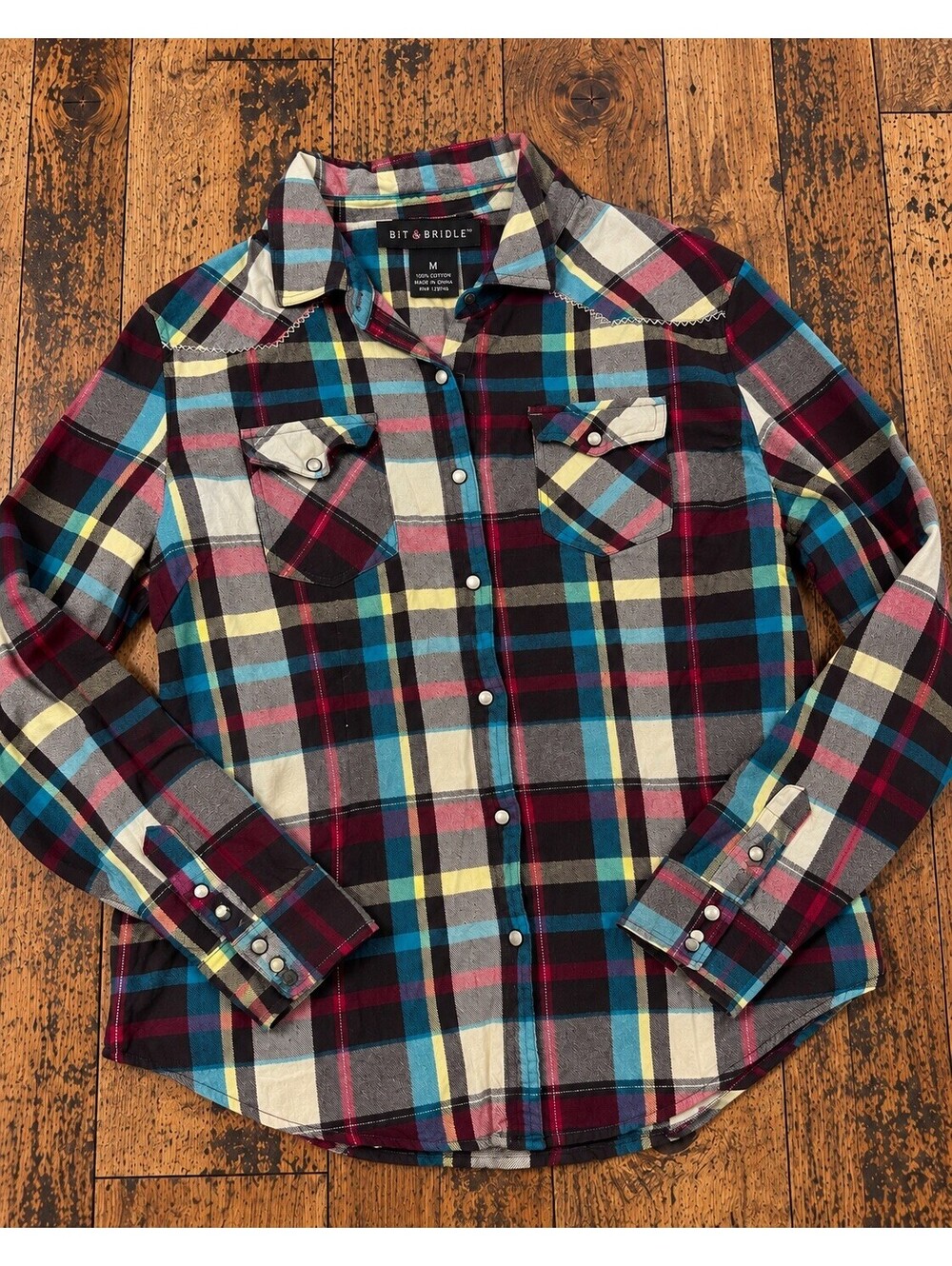 Multicolor Plaid Cotton Flannel Button-Up Long Sleeve Pockets Size Medium